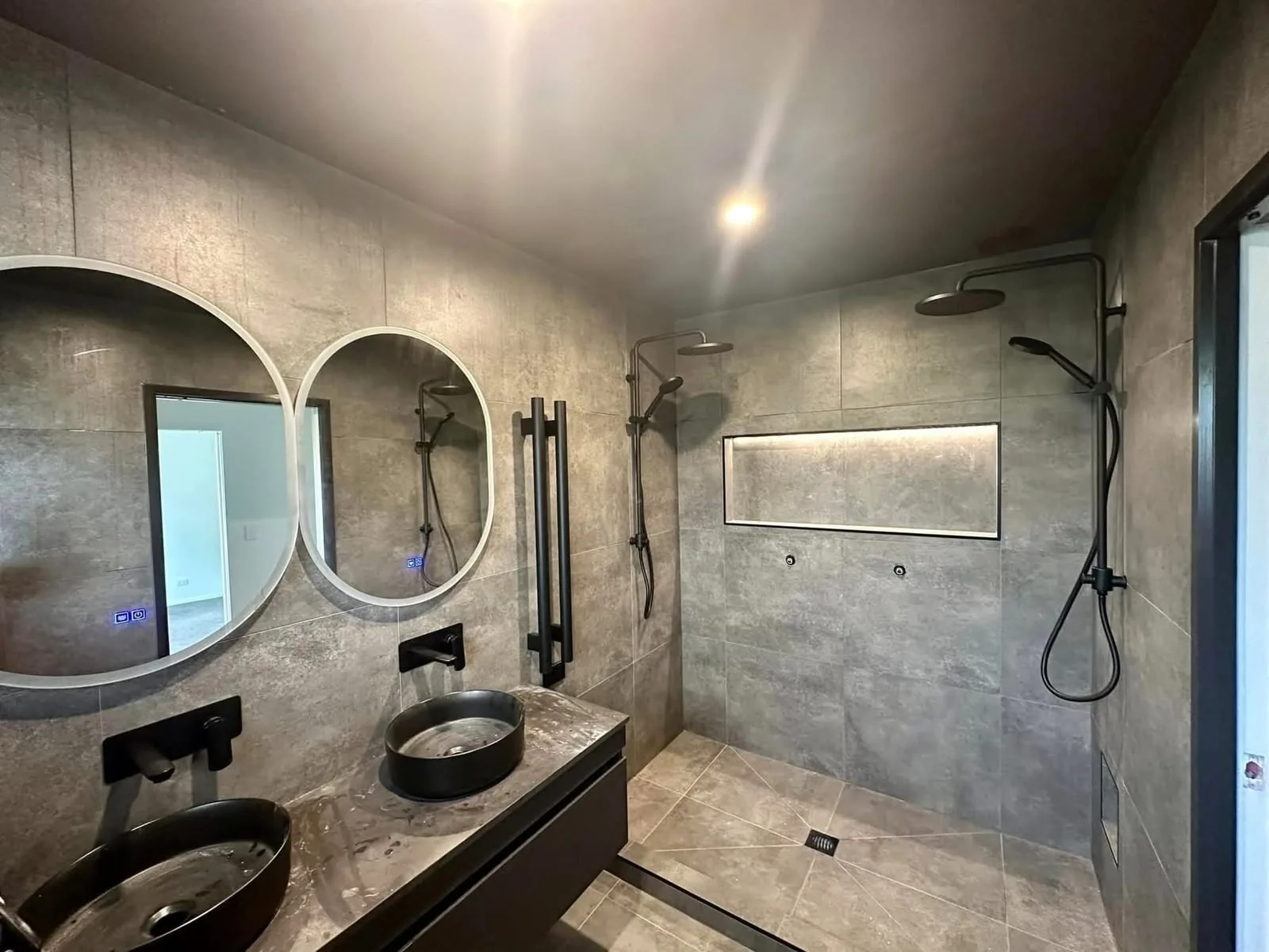 Bathroom renovation, walk-in shower with dual rain heads, Auckland