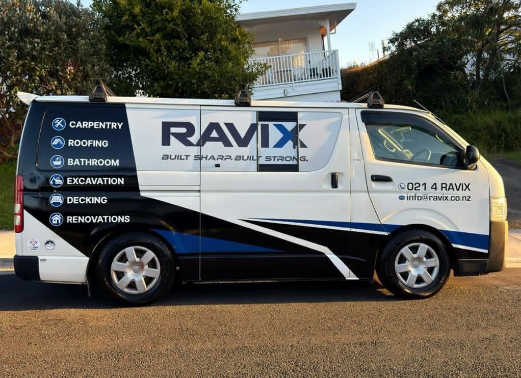 The Ravix Construction work van on site, Auckland